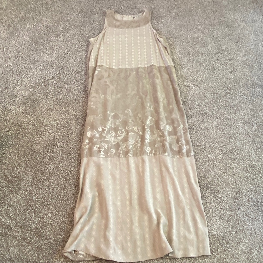 Citron Santa Monica XL Floral Jacquard Geometric Burnout Maxi Dress Taupe Tan